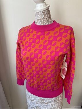Women's Pink and Orange Patterned Crewneck Sweater